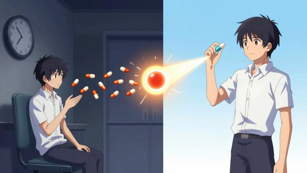 Anime comparison of slow vs fast drug absorption mechanisms.