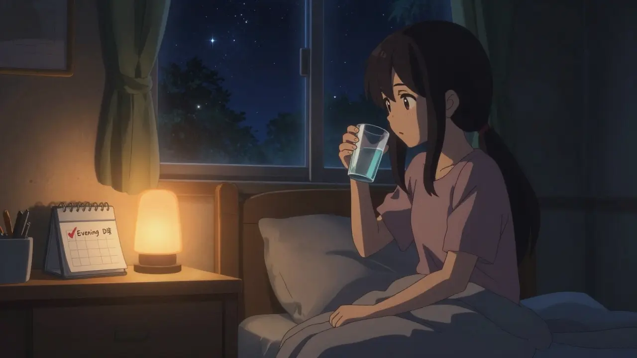 Anime girl taking thyroid medication peacefully at night