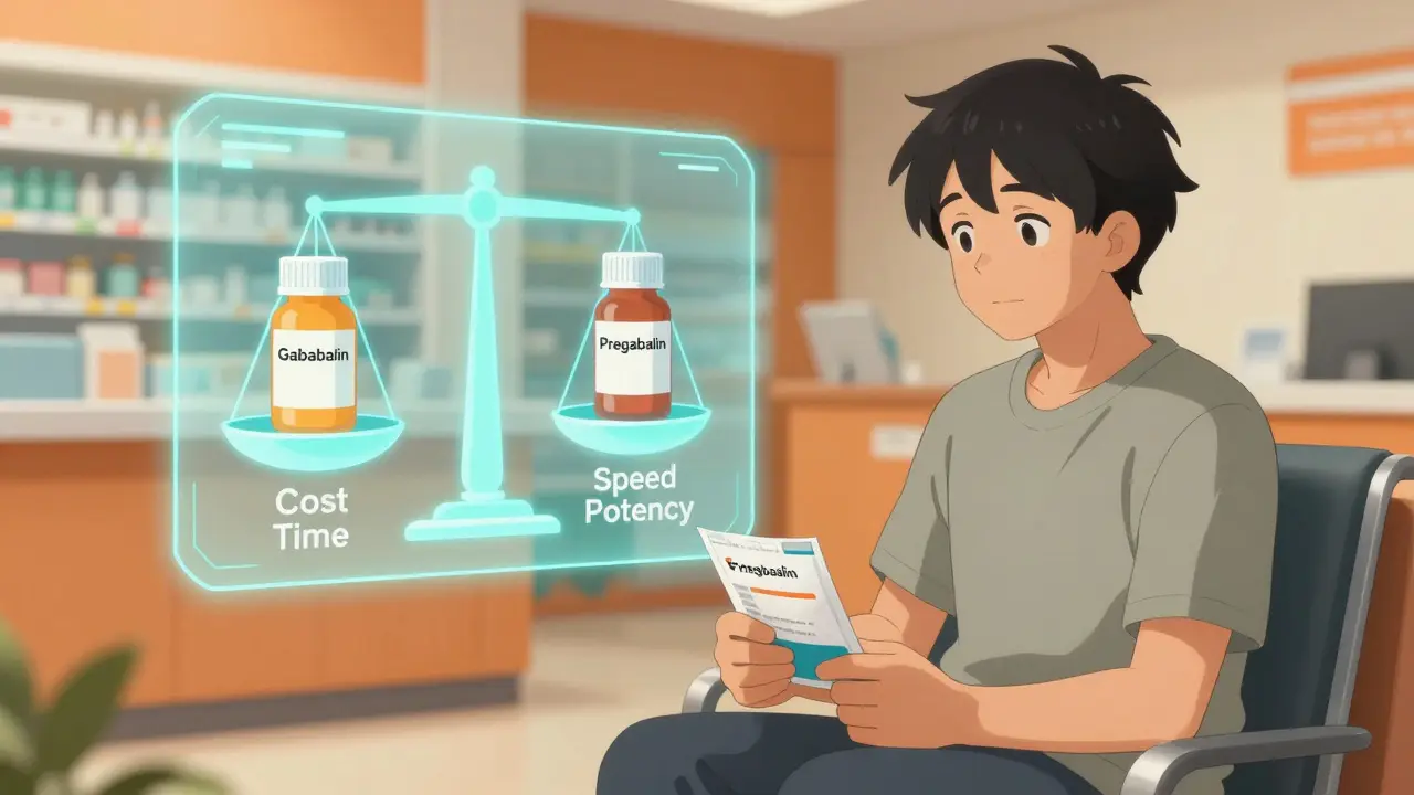 Anime patient choosing between medication options in a clinic.