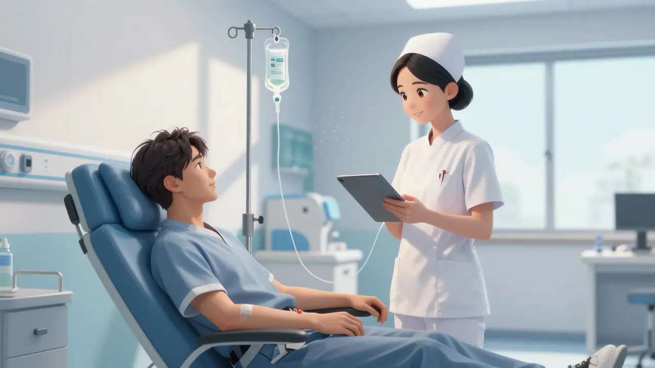 Anime scene of a patient receiving IV infusion therapy in a clinic.