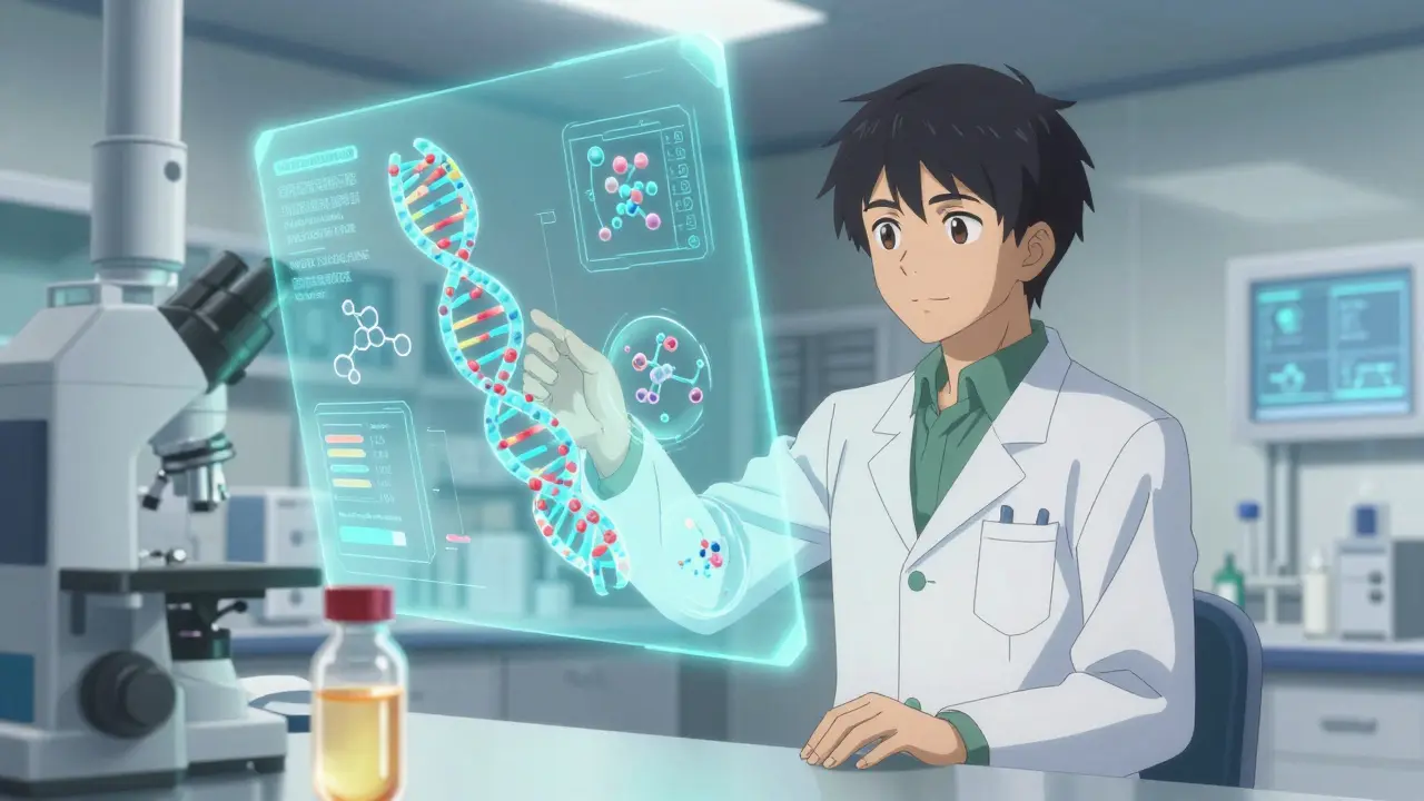 Anime scientist in lab viewing holographic DNA and antibody molecules on screen