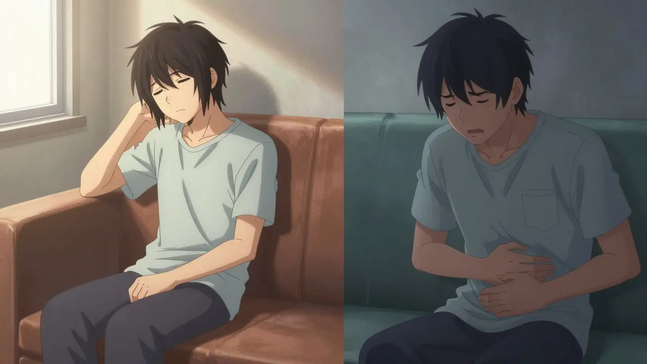 Anime split scene showing mild and severe drug side effects