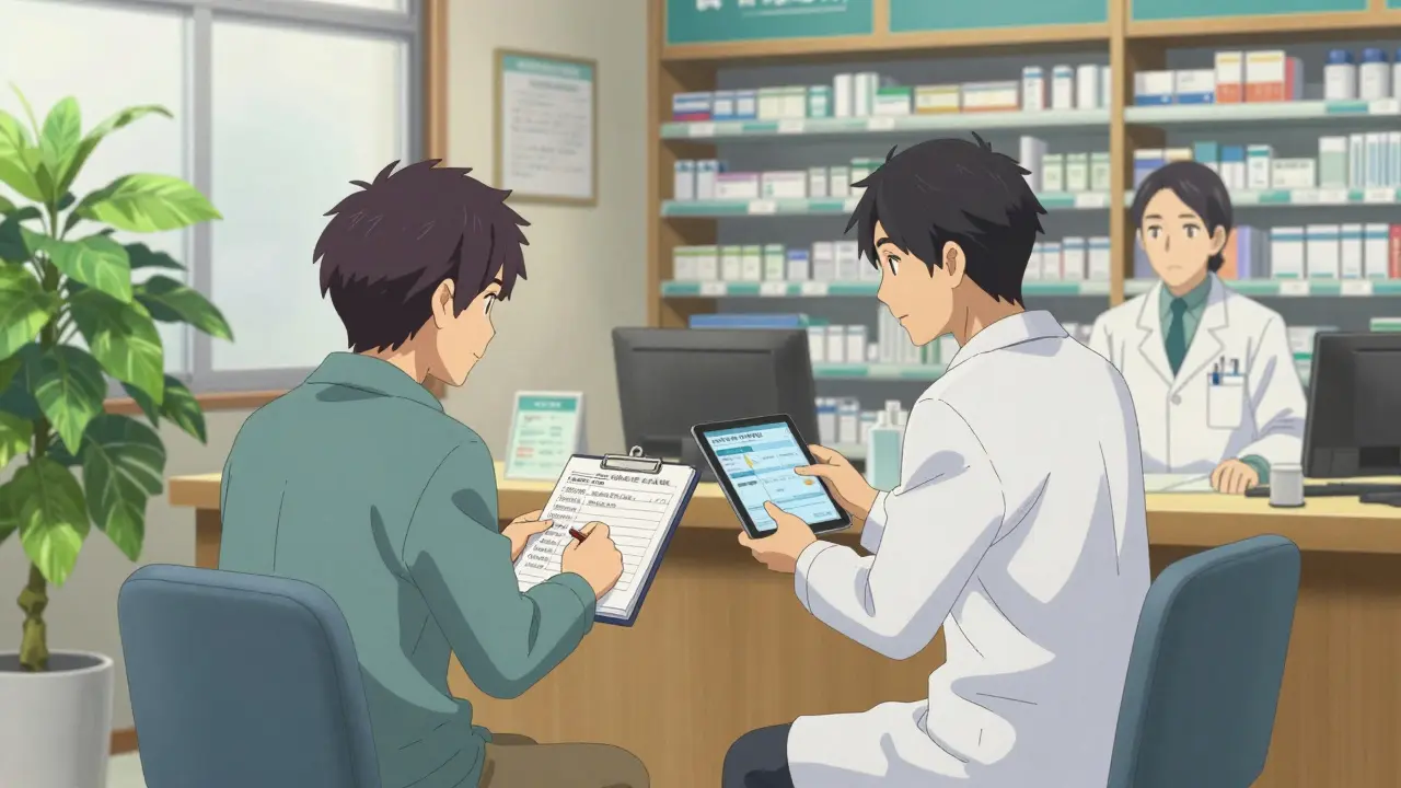 Calm pharmacy consultation about costs and care plans