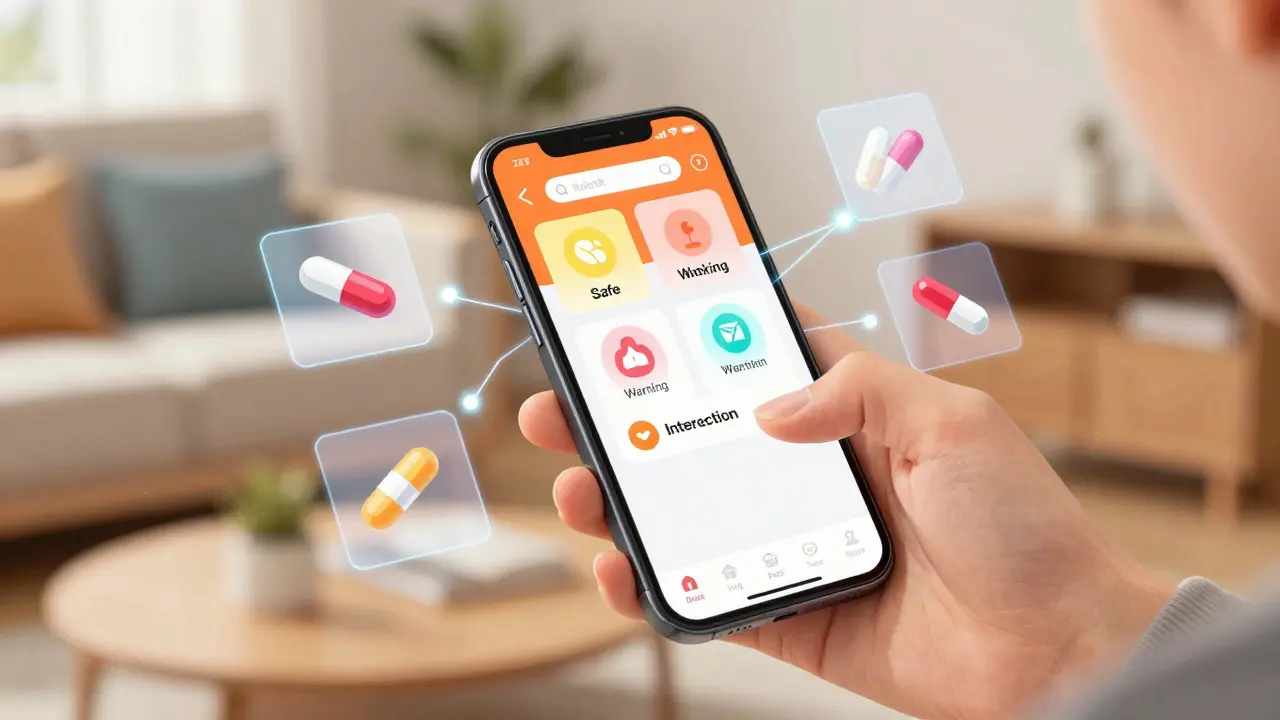 Close-up of smartphone checking drug interactions in anime style
