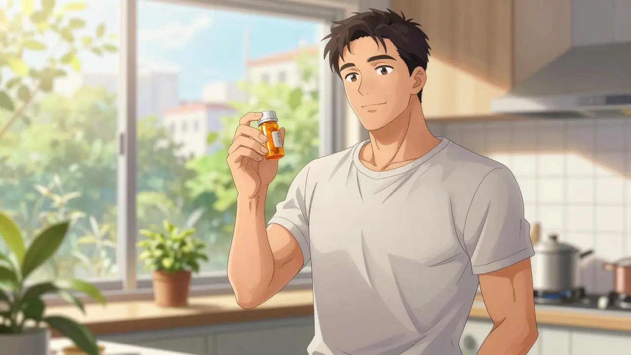 Confident man holding medication in a sunlit kitchen