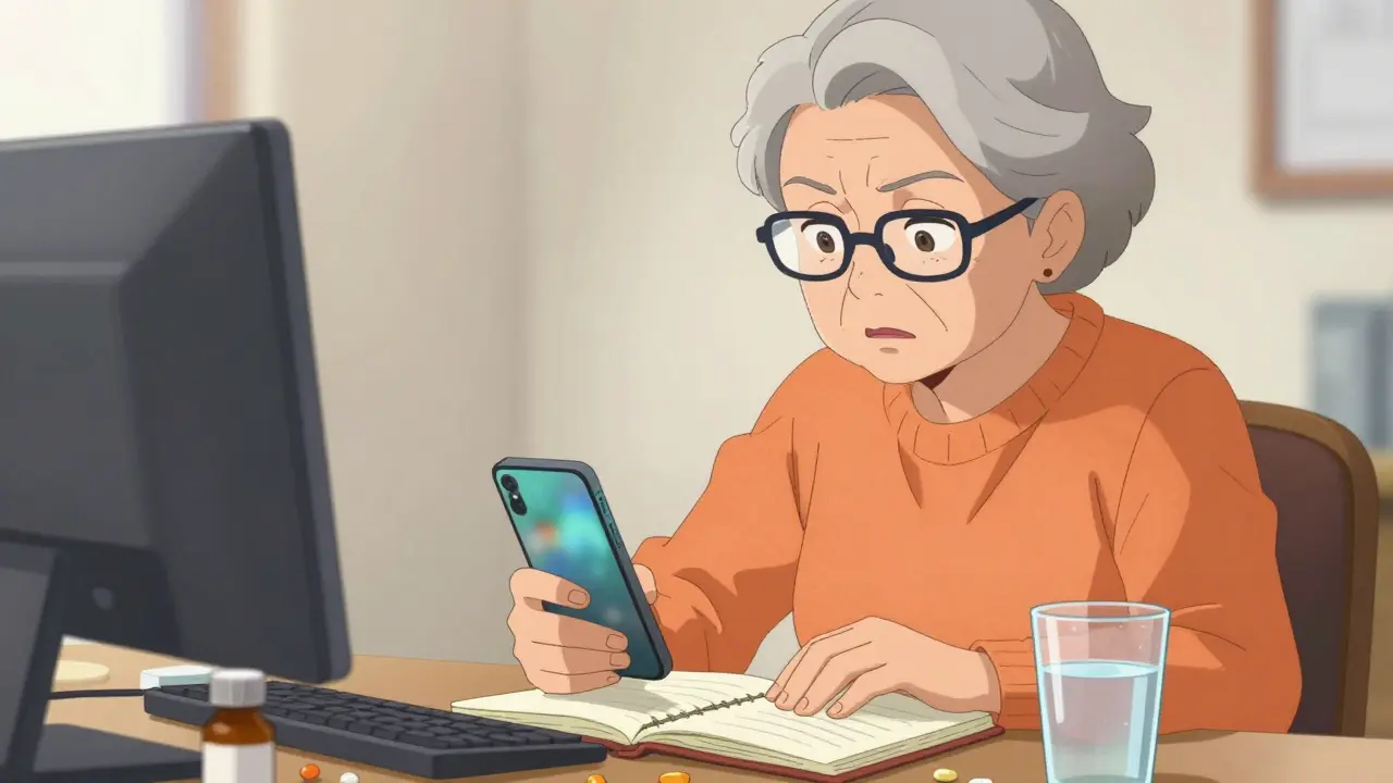 Elderly anime woman documenting medication side effects