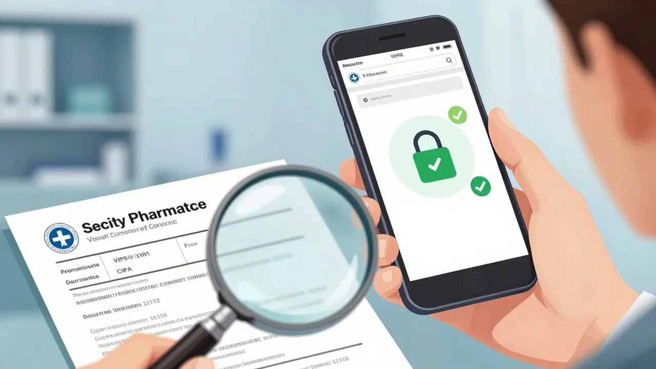 Hand verifying safe online pharmacy credentials with magnifying glass