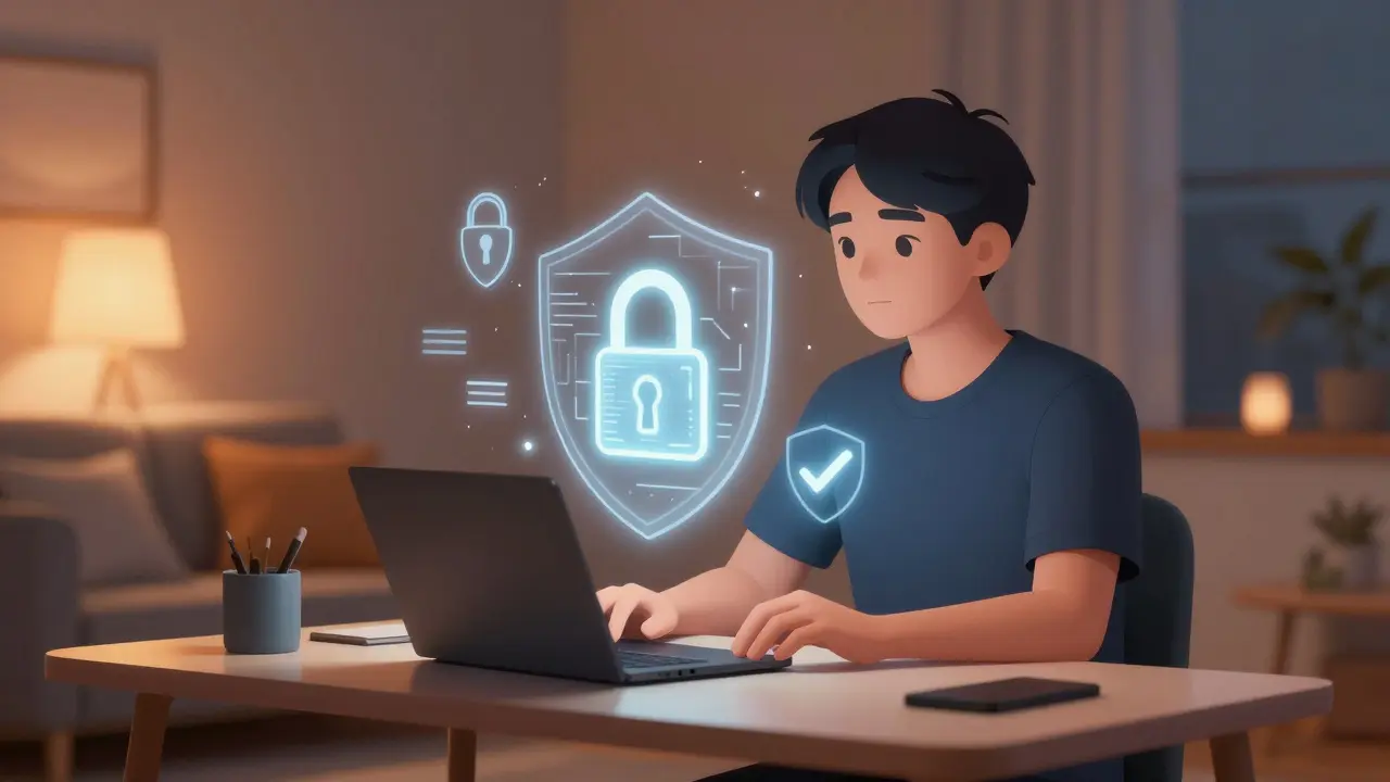 Man reviewing secure online pharmacy icons in a cozy room