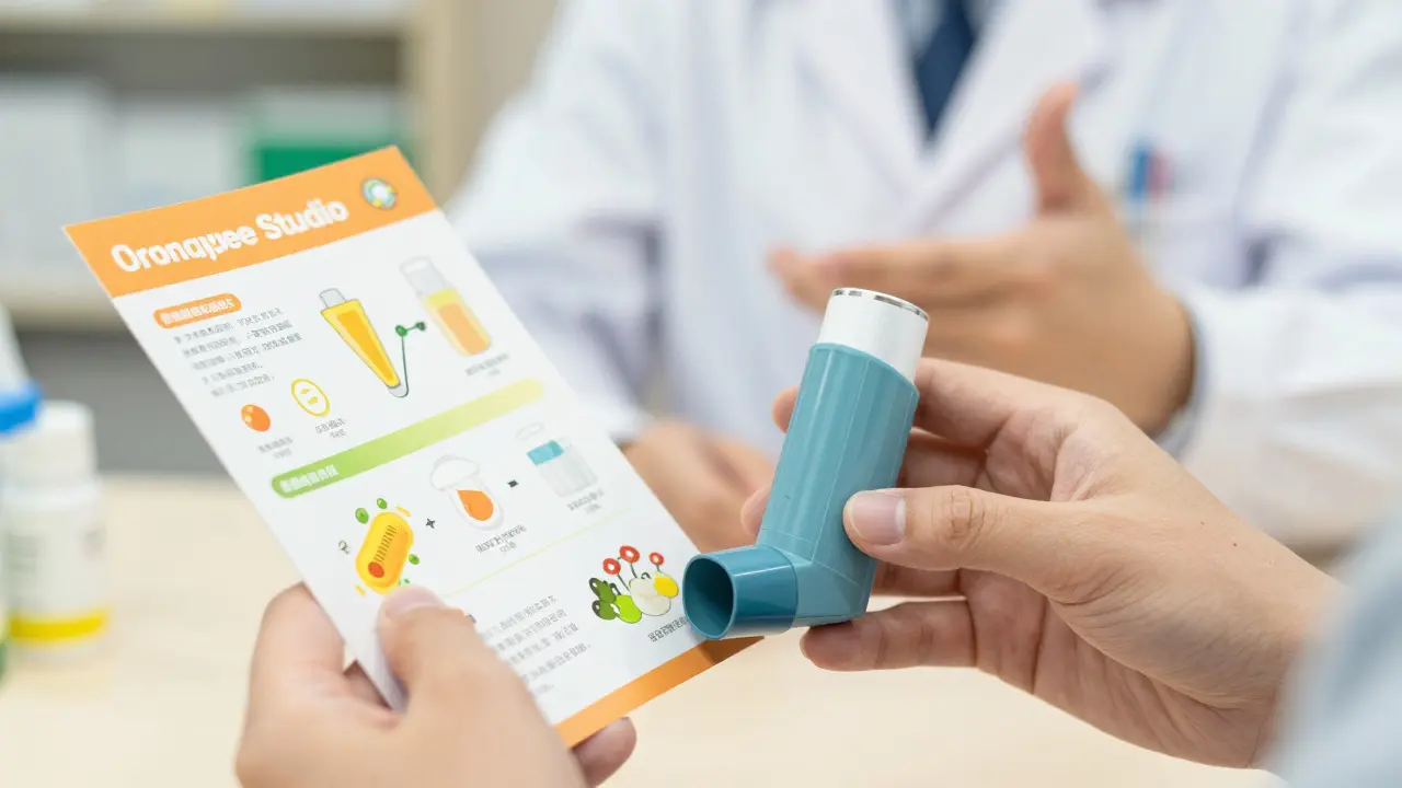 Patient learning inhaler use from pharmacist with guides