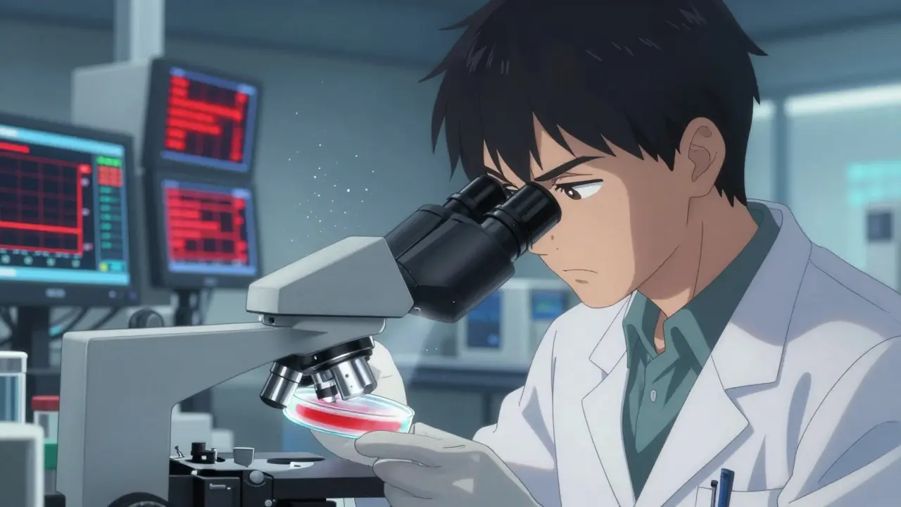 Scientist inspecting samples in a lab with red warning signs on monitors
