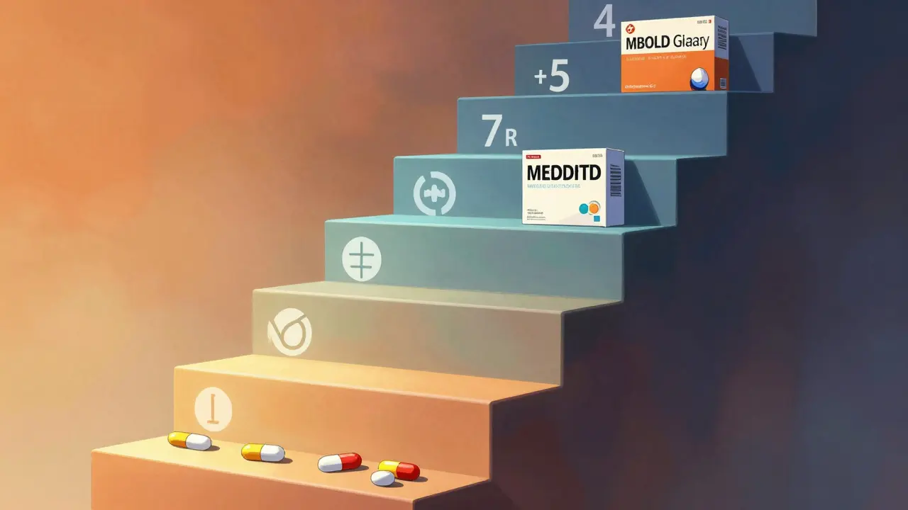 Visual metaphor of insurance tiers showing rising costs for brand medications