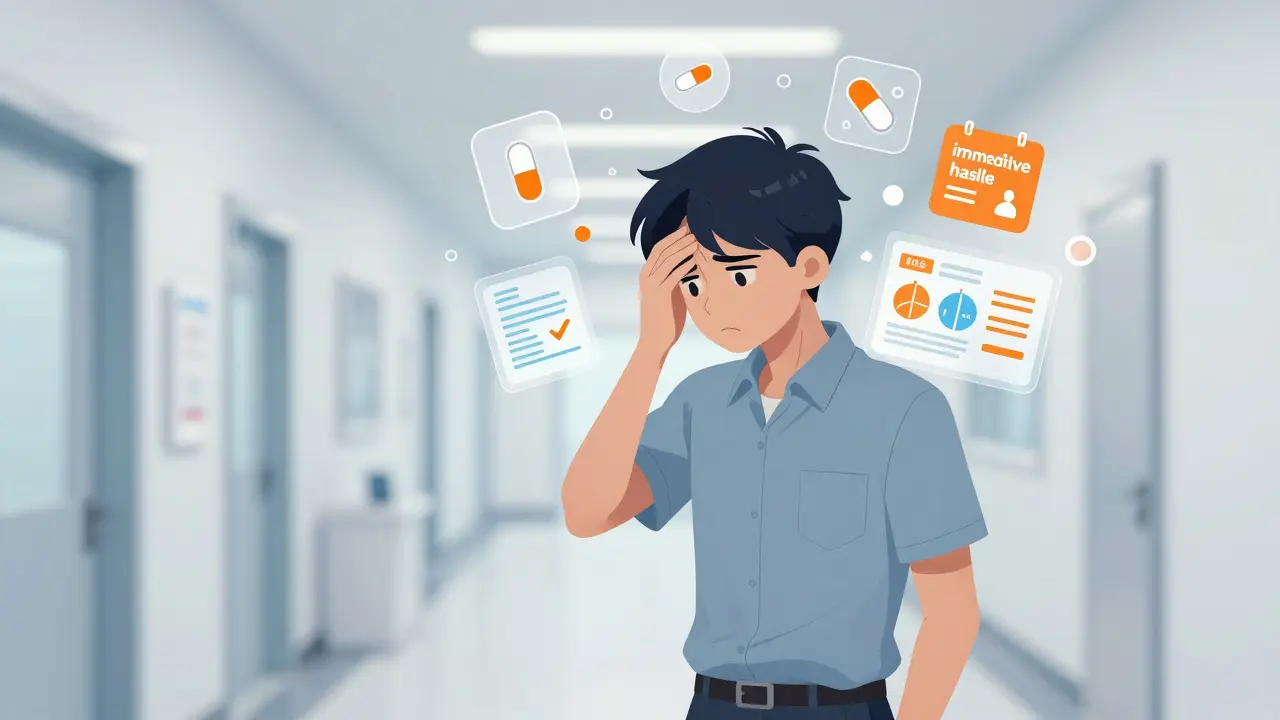 Anime character overwhelmed by floating pill icons representing cognitive load and stress.