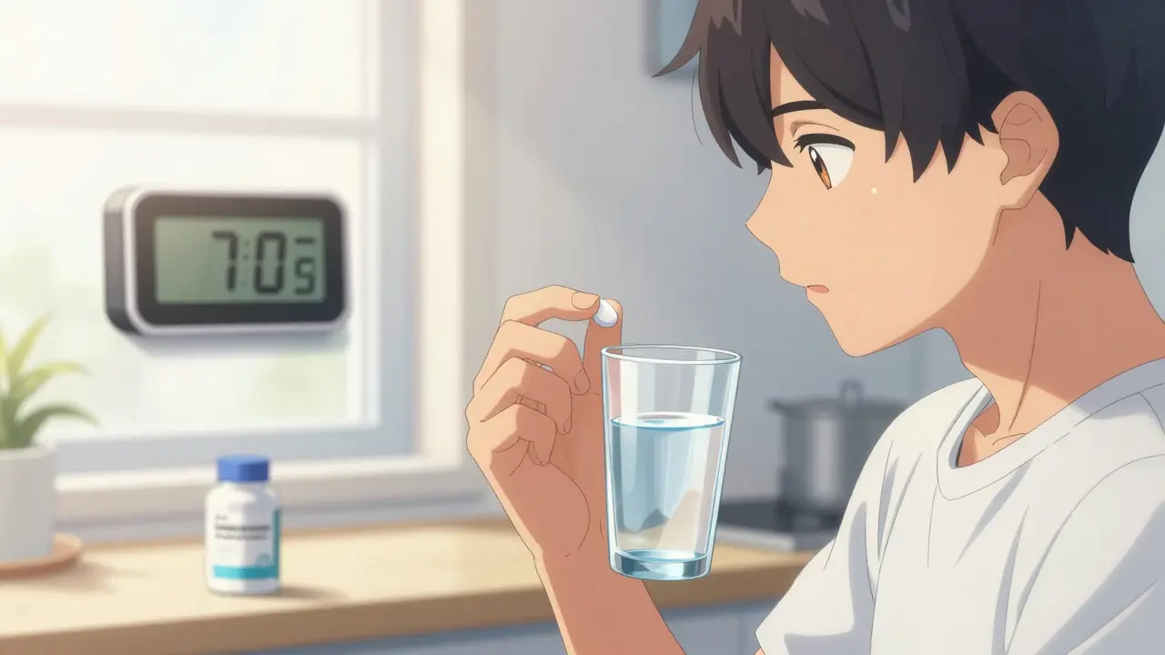 Anime character taking thyroid medication in the morning with water, magnesium bottle in background