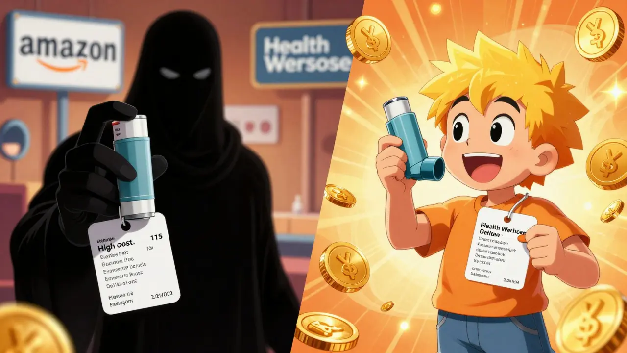 Anime comparison showing high cost of brand name vs low cost of generic albuterol inhalers.