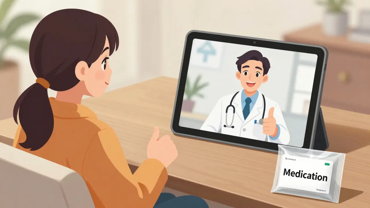 Anime patient having a reassuring video consultation with a doctor for an online prescription.
