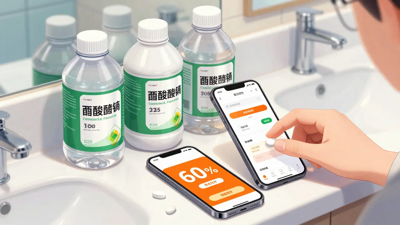 Bulk generic medicine bottles and discount coupons on counter