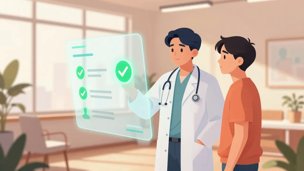 Doctor and patient viewing positive health data on a screen in a bright, modern clinic.