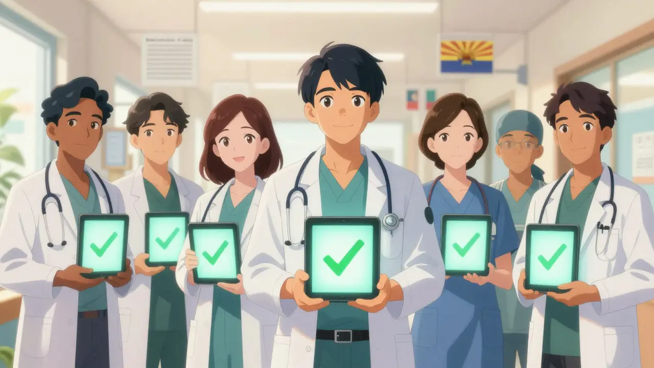 Doctors united in advocacy with glowing approval symbols