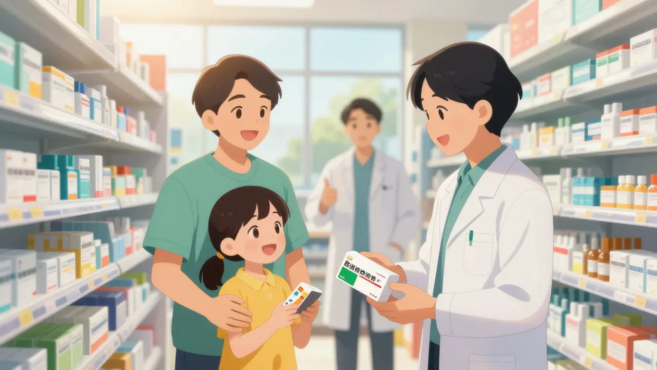 Happy family buying affordable generics in a sunny pharmacy