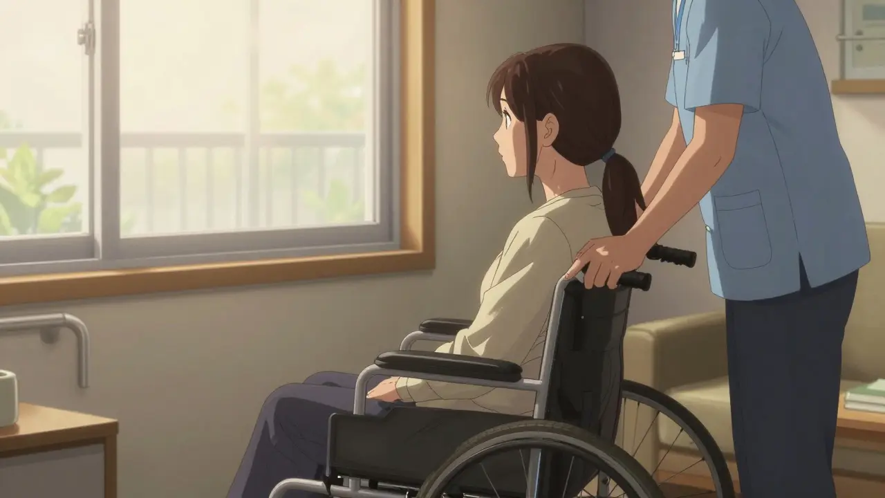 Patient in wheelchair with caregiver, depicting the emotional impact of MSA-P