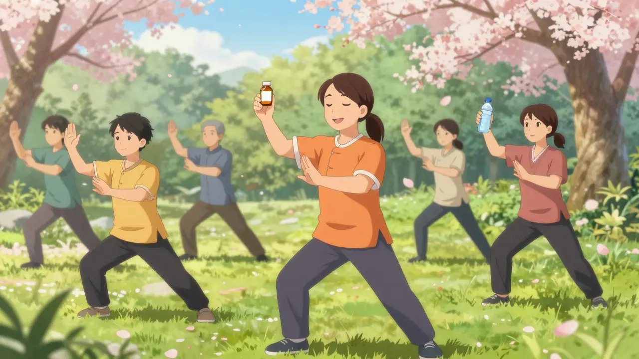 People doing gentle exercise in a park, combining medicine and lifestyle care.