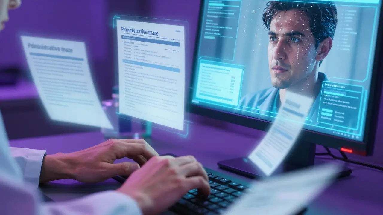 Physician navigating complex paperwork and digital forms