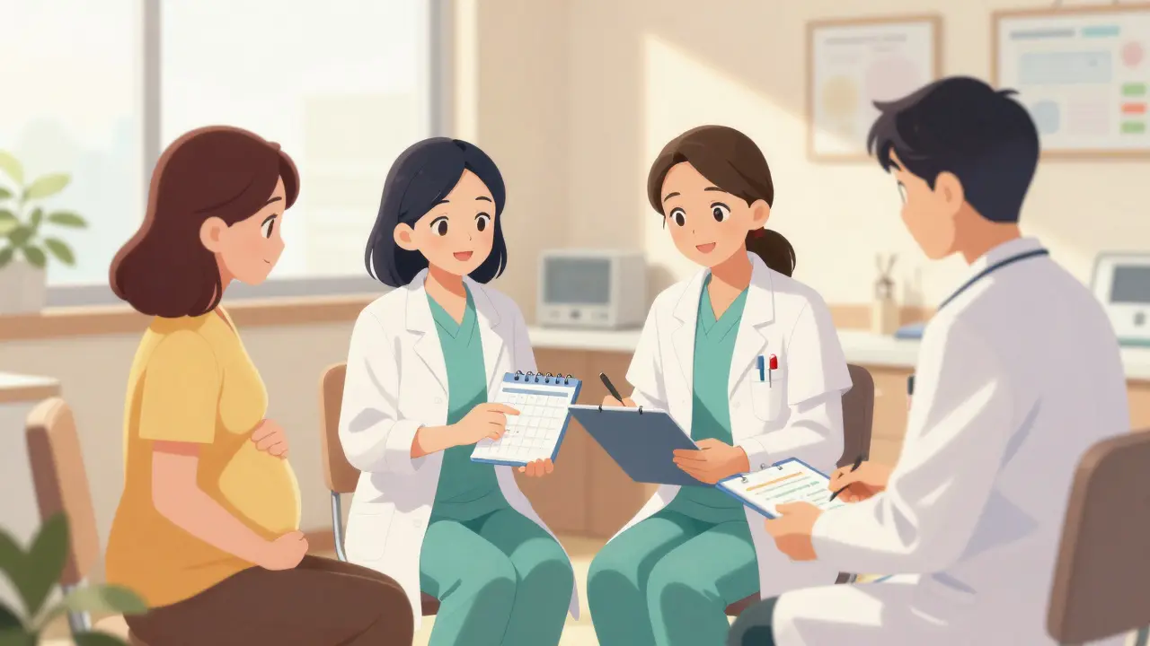 Pregnant woman consulting doctors with calendar and meds