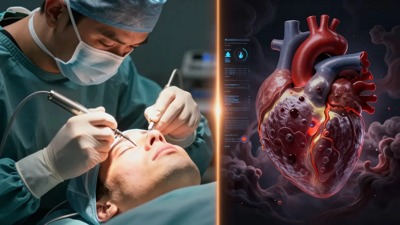Split view of surgical precision versus heart clot risks in anime art