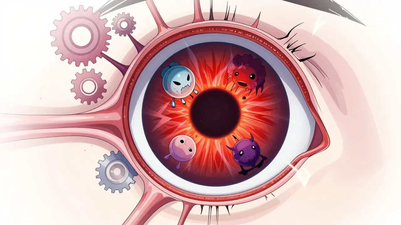 Stylized anime cross-section of an eye showing immune cells attacking the uveal layer