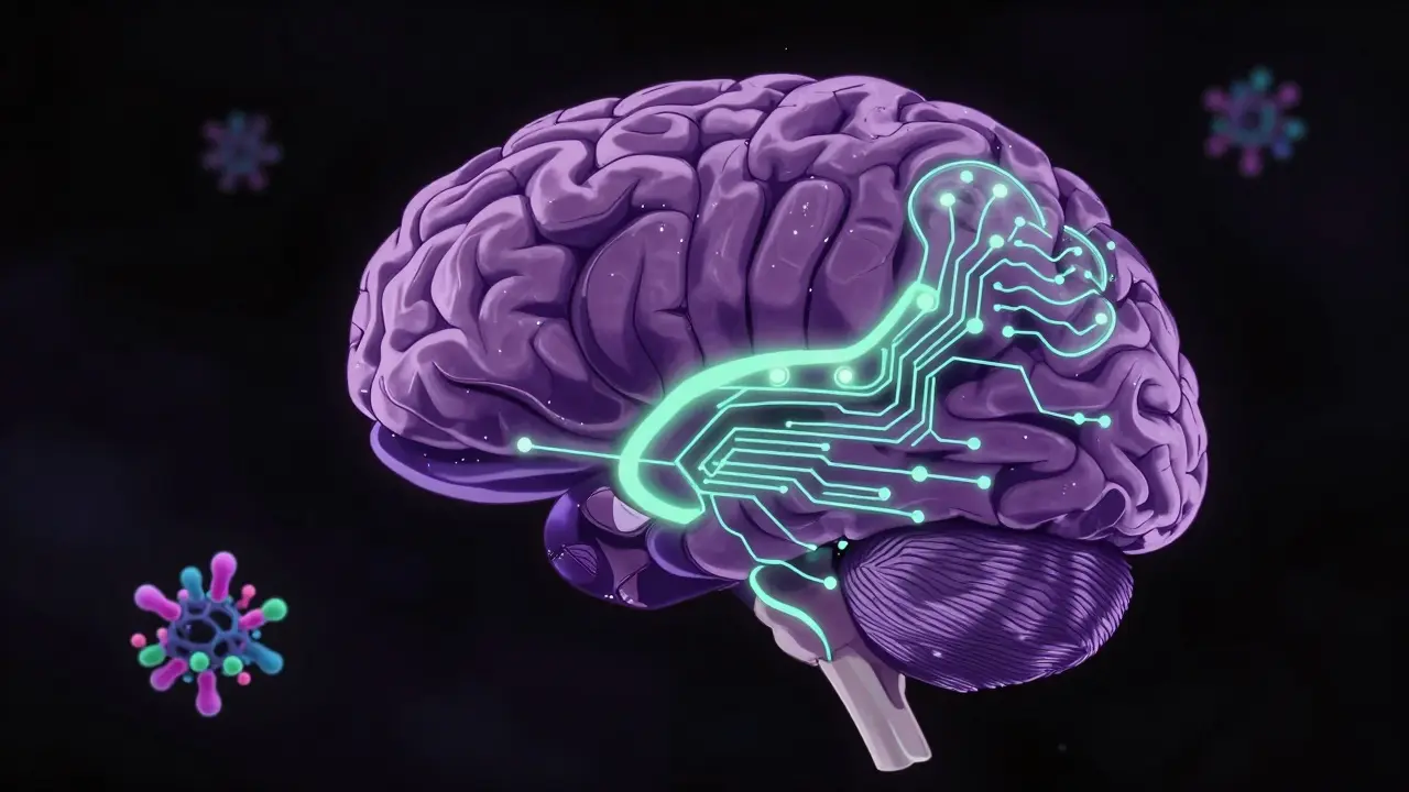 Stylized brain diagram showing alpha-synuclein buildup in support cells