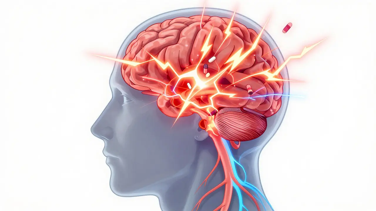 Stylized brain illustration showing pain signals being calmed by medication.