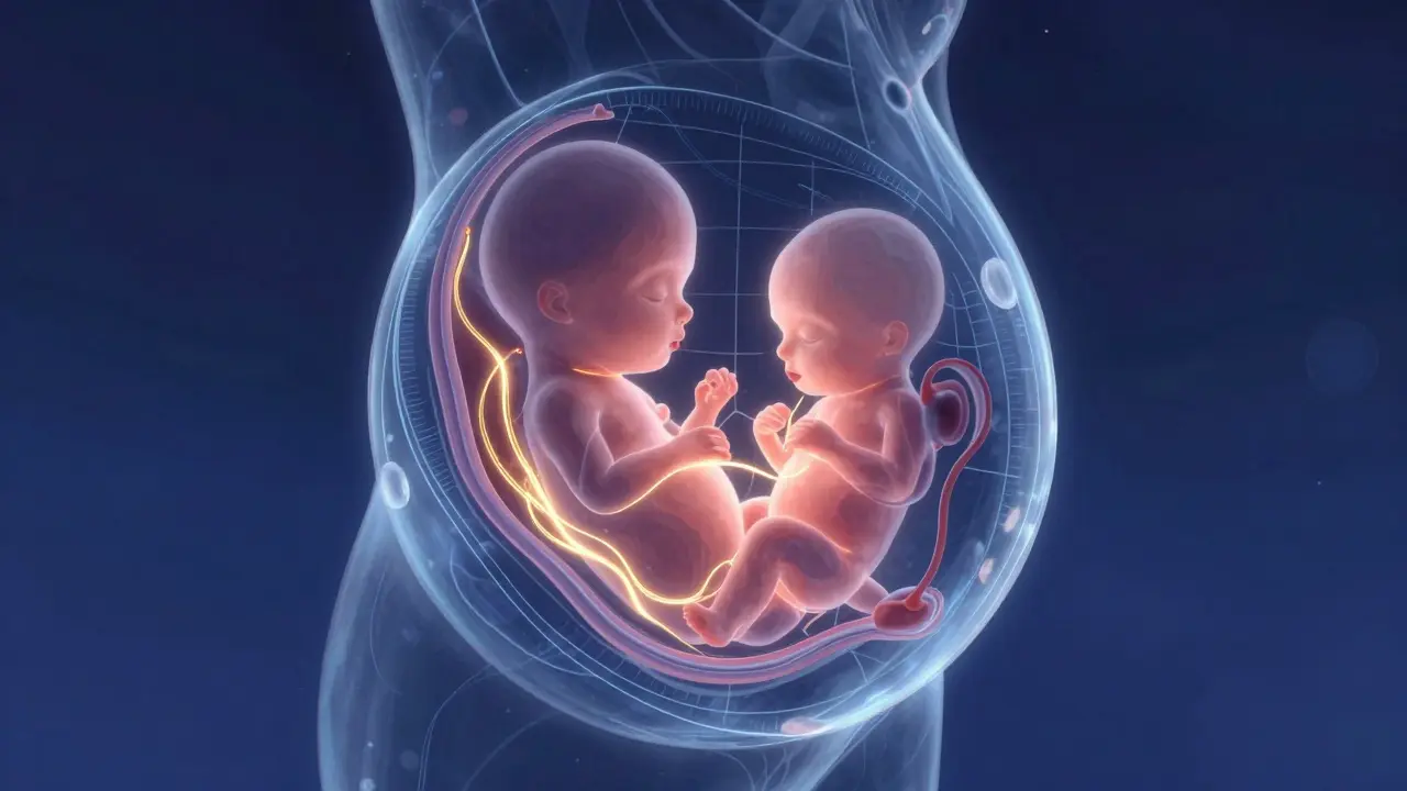 Stylized glowing fetus inside womb showing organ development
