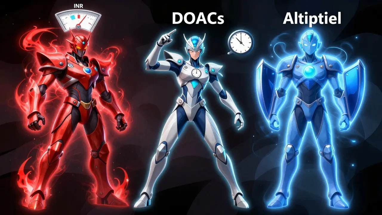 Three stylized figures representing different anticoagulant medication classes