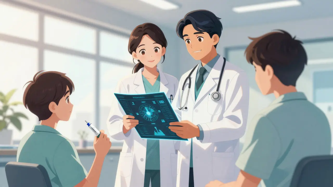 Two doctors collaborating with a patient using a biologic injection in a bright clinic