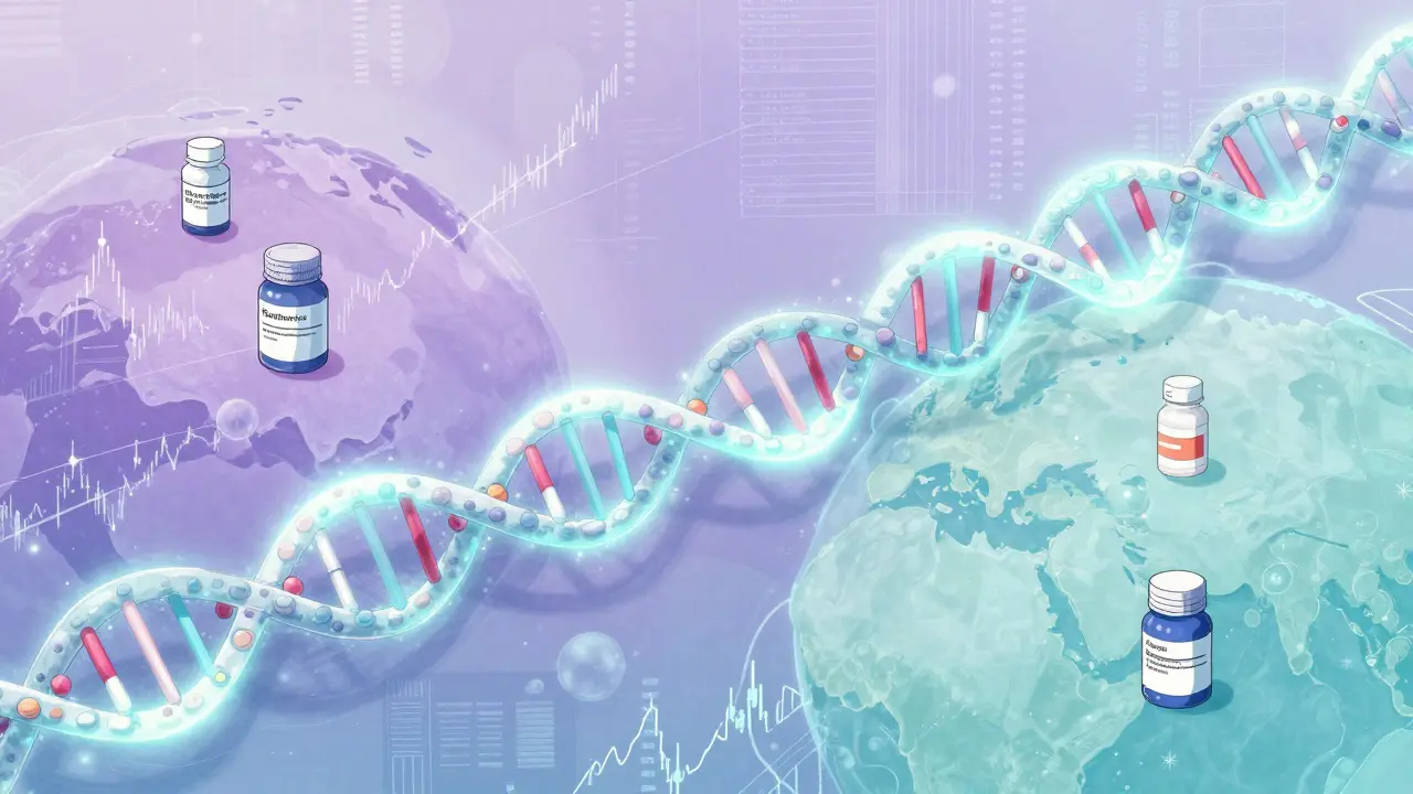Abstract DNA helix bridging brand and generic drug markets