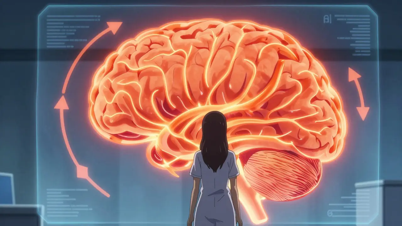 Anime brain diagram showing inflamed neural pathways and pain cycles