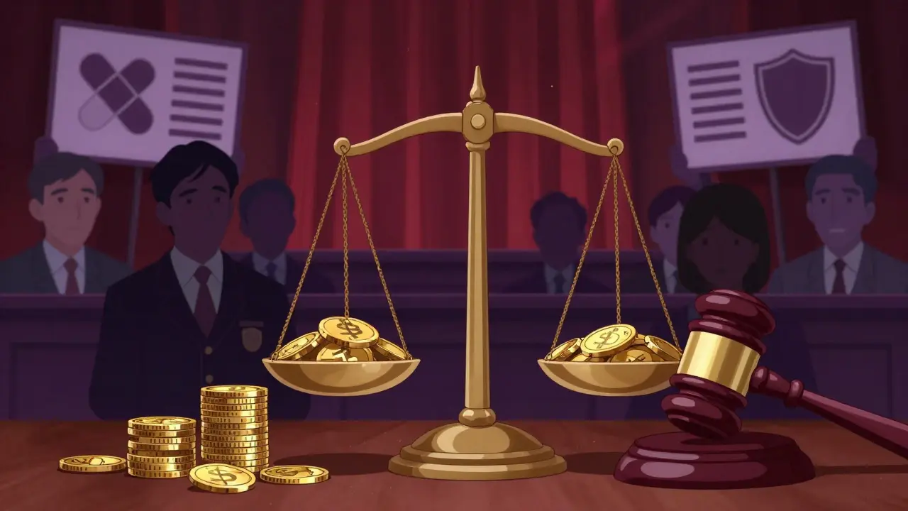 Anime depiction of legal scales balancing profits and regulations amidst antitrust scrutiny in the pharma industry.