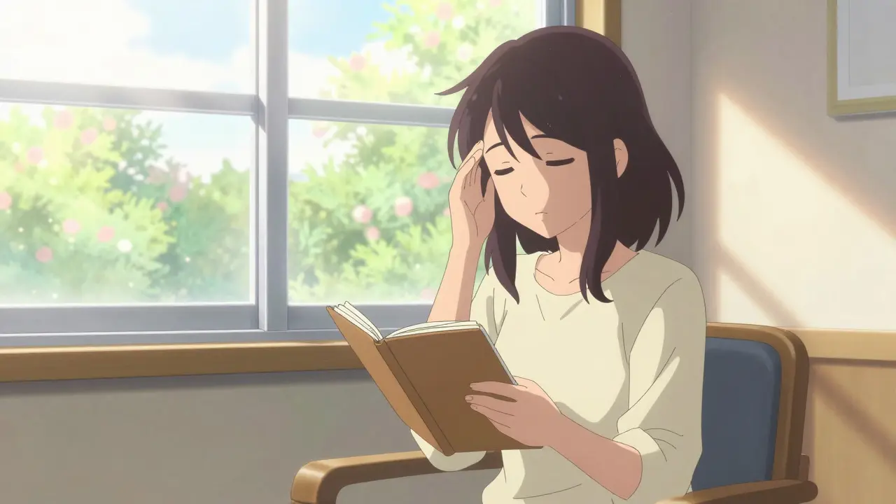Calm woman writing in headache diary in a bright, sunny room