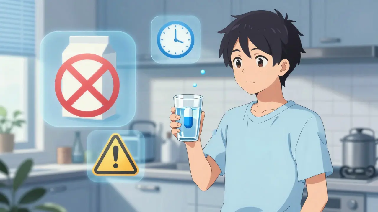 Character taking medication with water, surrounded by safety icons