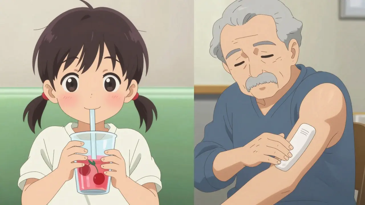 Child taking flavored liquid medicine and senior applying topical gel.