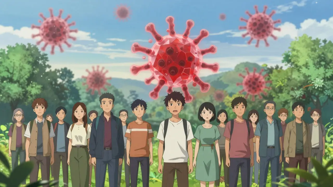 Community standing together while faint red shapes symbolize antibiotic resistance.
