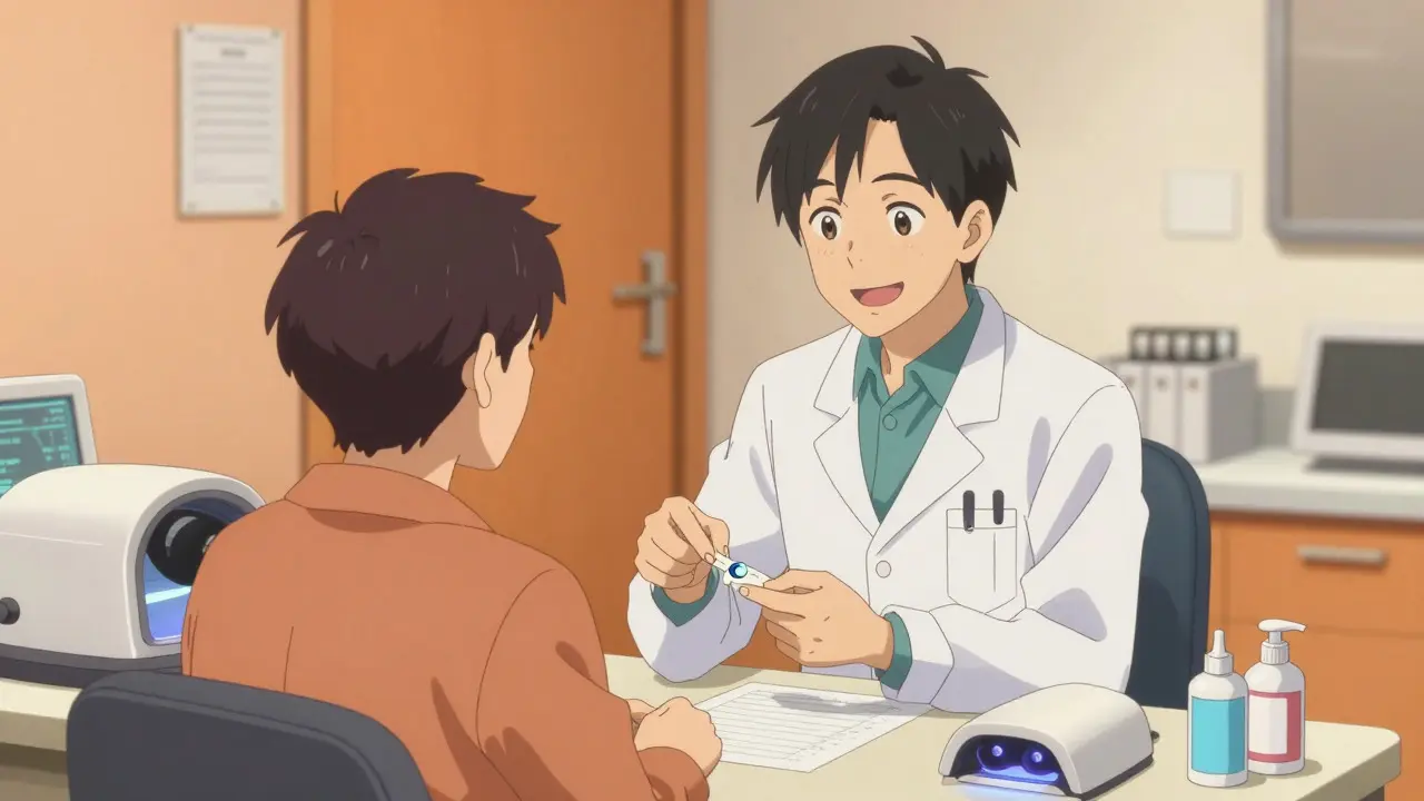 Doctor explaining keratoconus treatment to patient in clinic