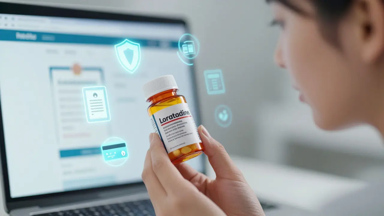 Hand checking pill bottle label with safety icons