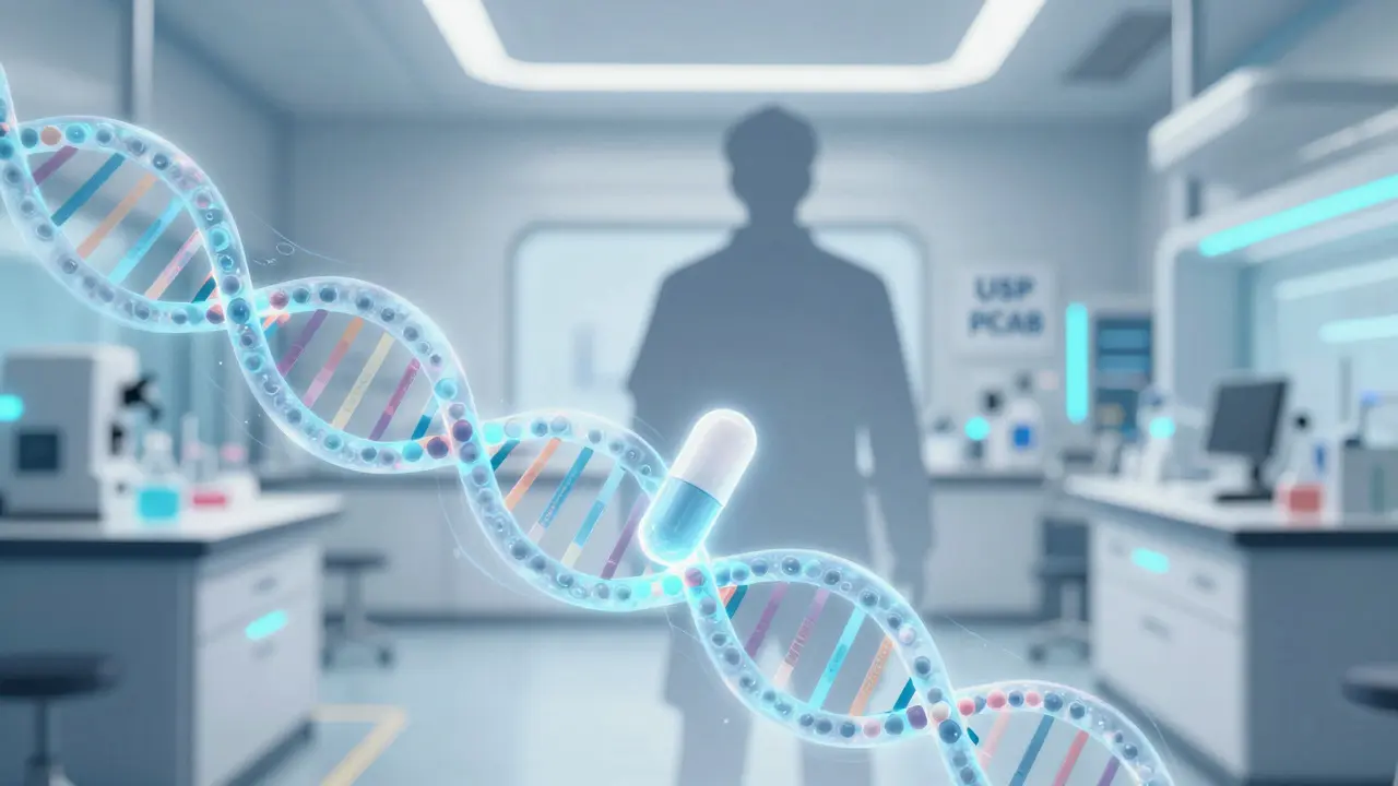 Holographic DNA and capsule symbolizing personalized medical safety.