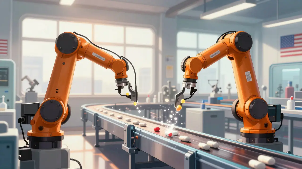 Modern automated drug manufacturing plant with US themes