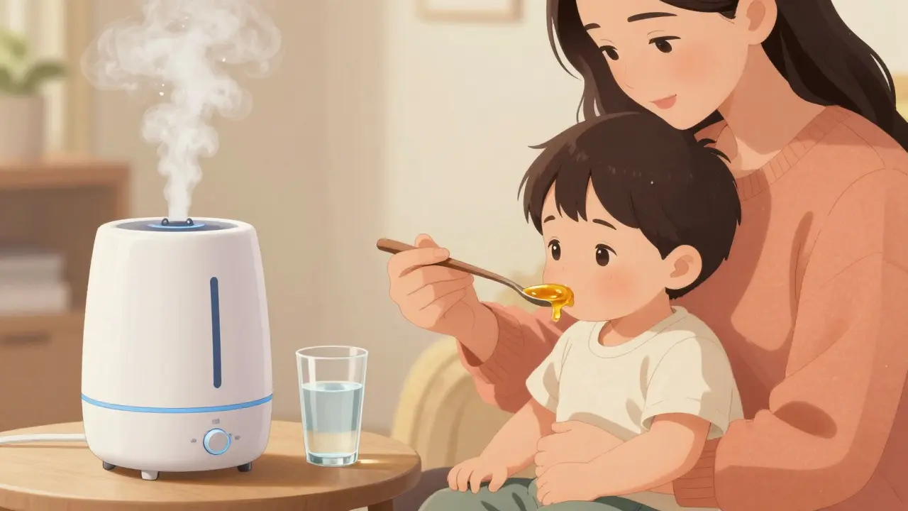 Mother giving honey to child near humidifier