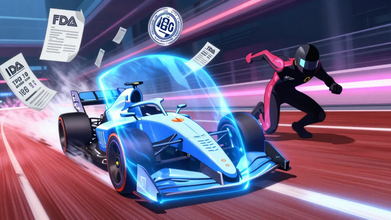 Orange Studio style illustration showing a race between a protected generic entrant and an unauthorized competitor.
