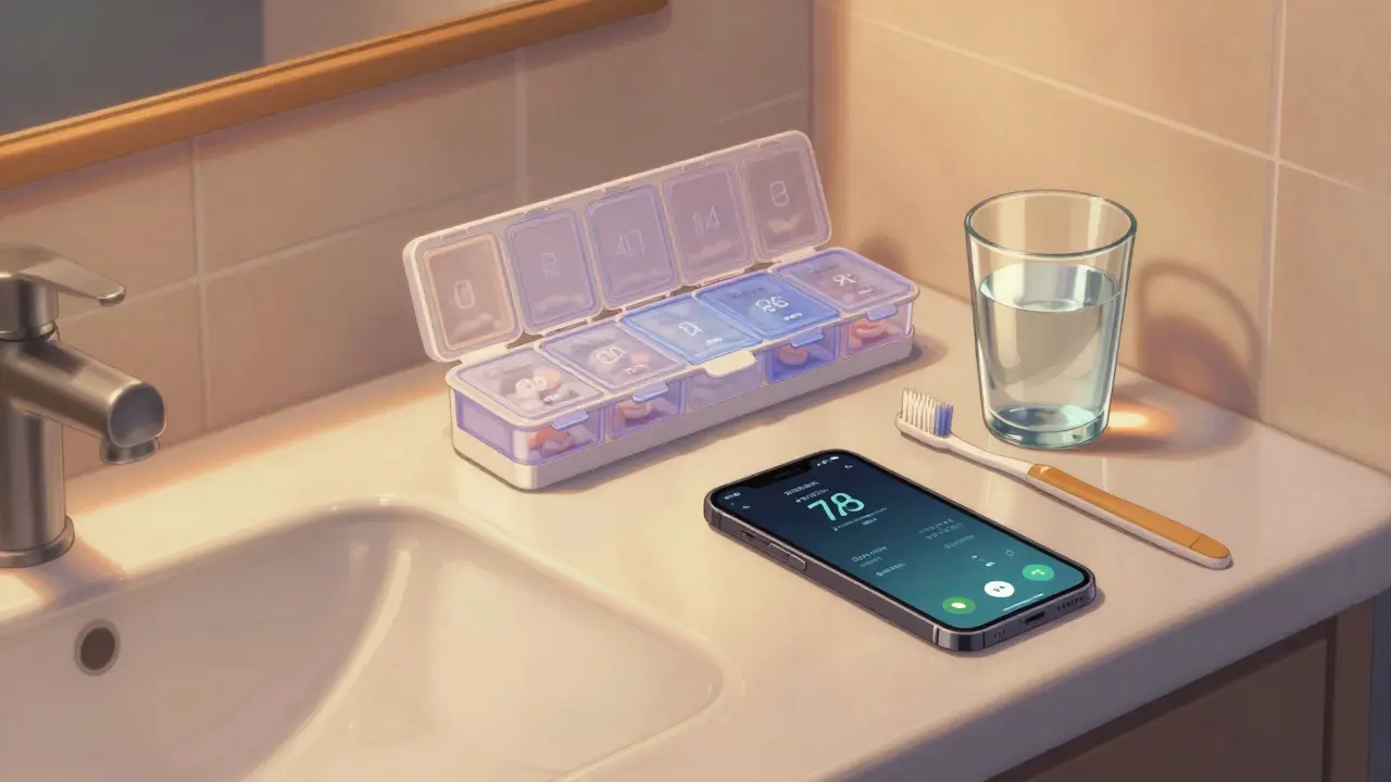 Organized pill box and phone alarm on a clean bathroom counter