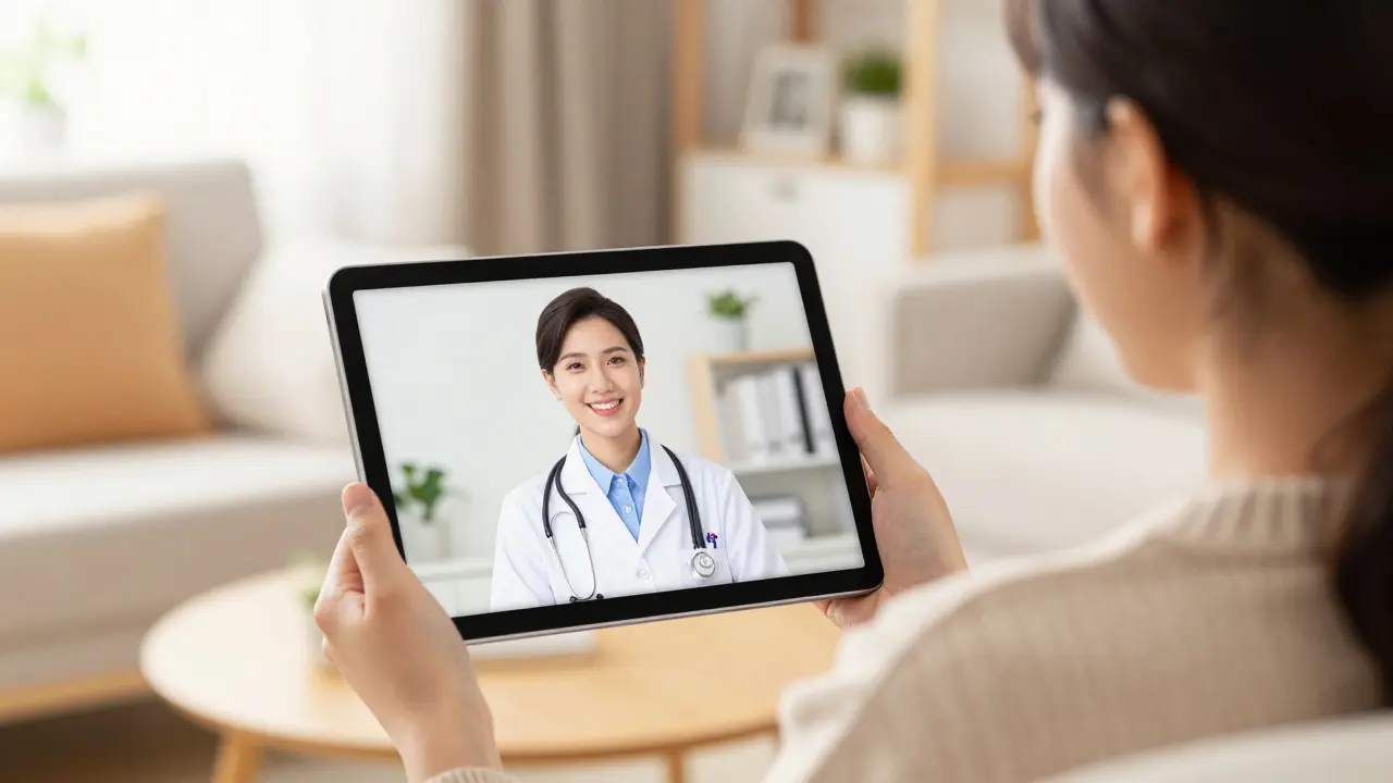 Patient having a safe video consultation with a doctor via tablet in a sunny room.