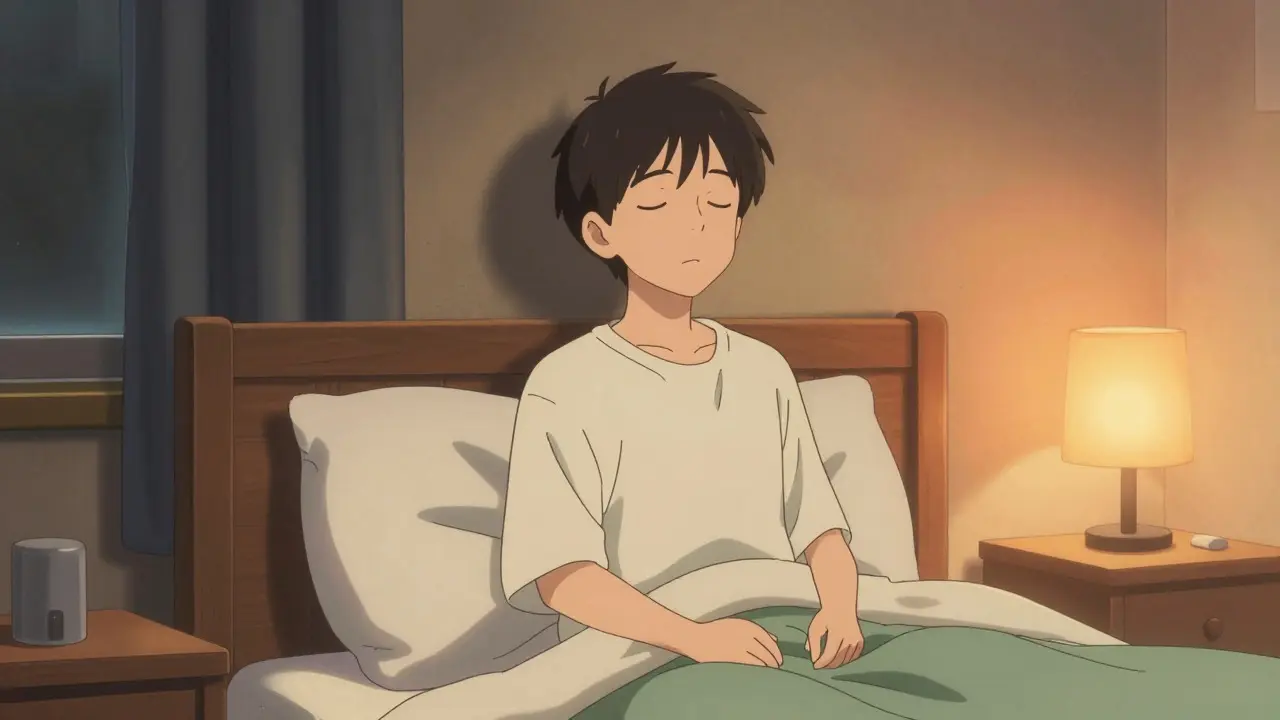 Peaceful person meditating in a calm, screen-free bedroom with warm amber lighting.